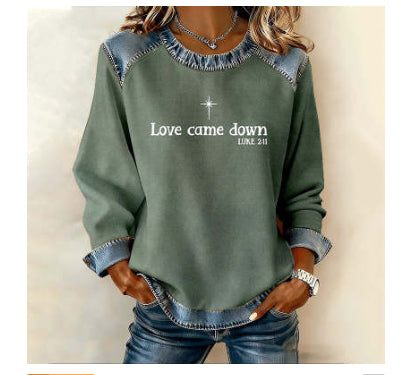 Womens Fashion Crew-Neck Printed Long-Sleeve Pullover Sweatshirt
