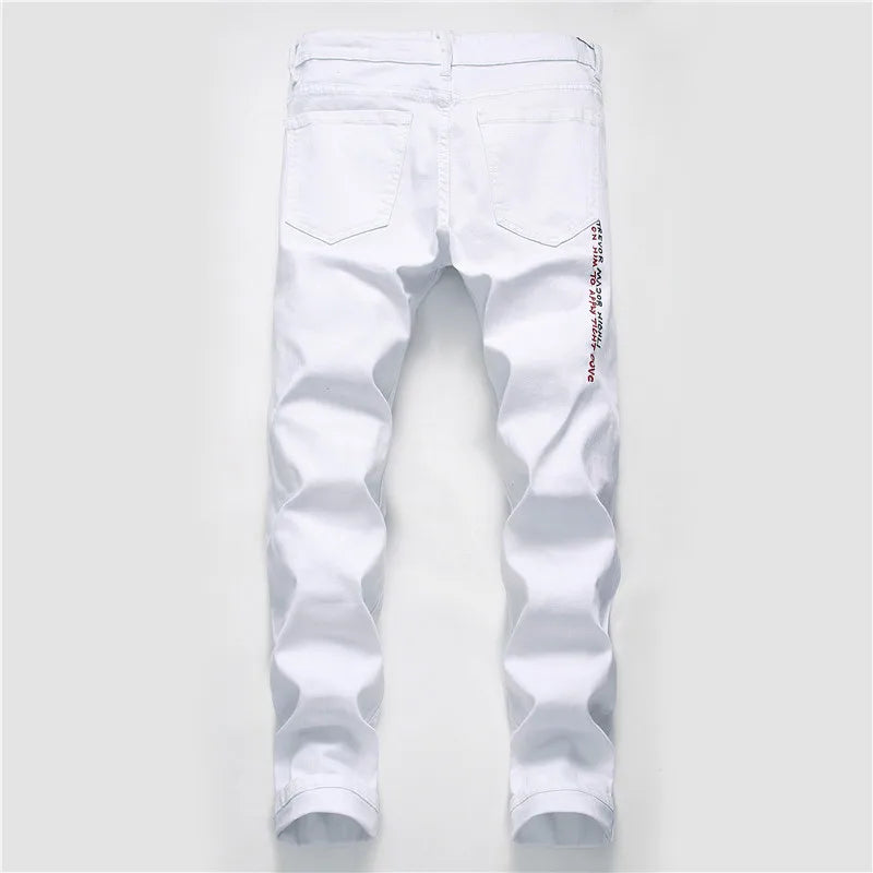 New Men Streetwear Personality Ripped Printed White Skinny Jeans