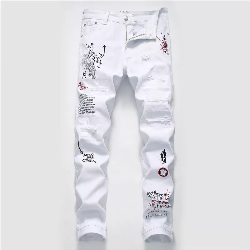 New Men Streetwear Personality Ripped Printed White Skinny Jeans