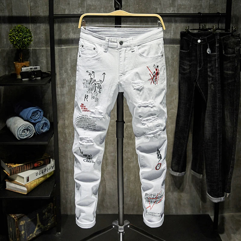 New Men Streetwear Personality Ripped Printed White Skinny Jeans