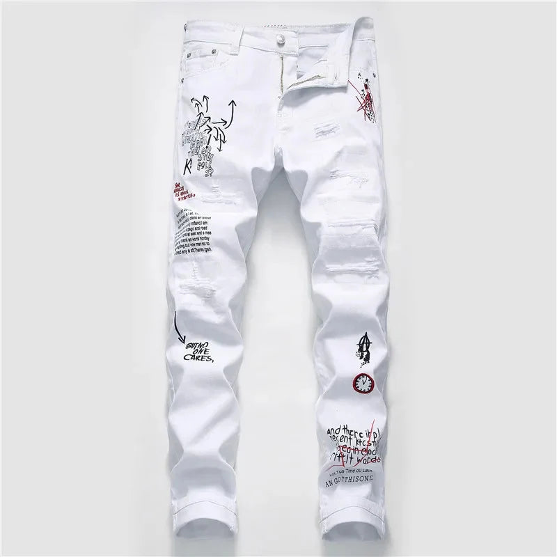 New Men Streetwear Personality Ripped Printed White Skinny Jeans