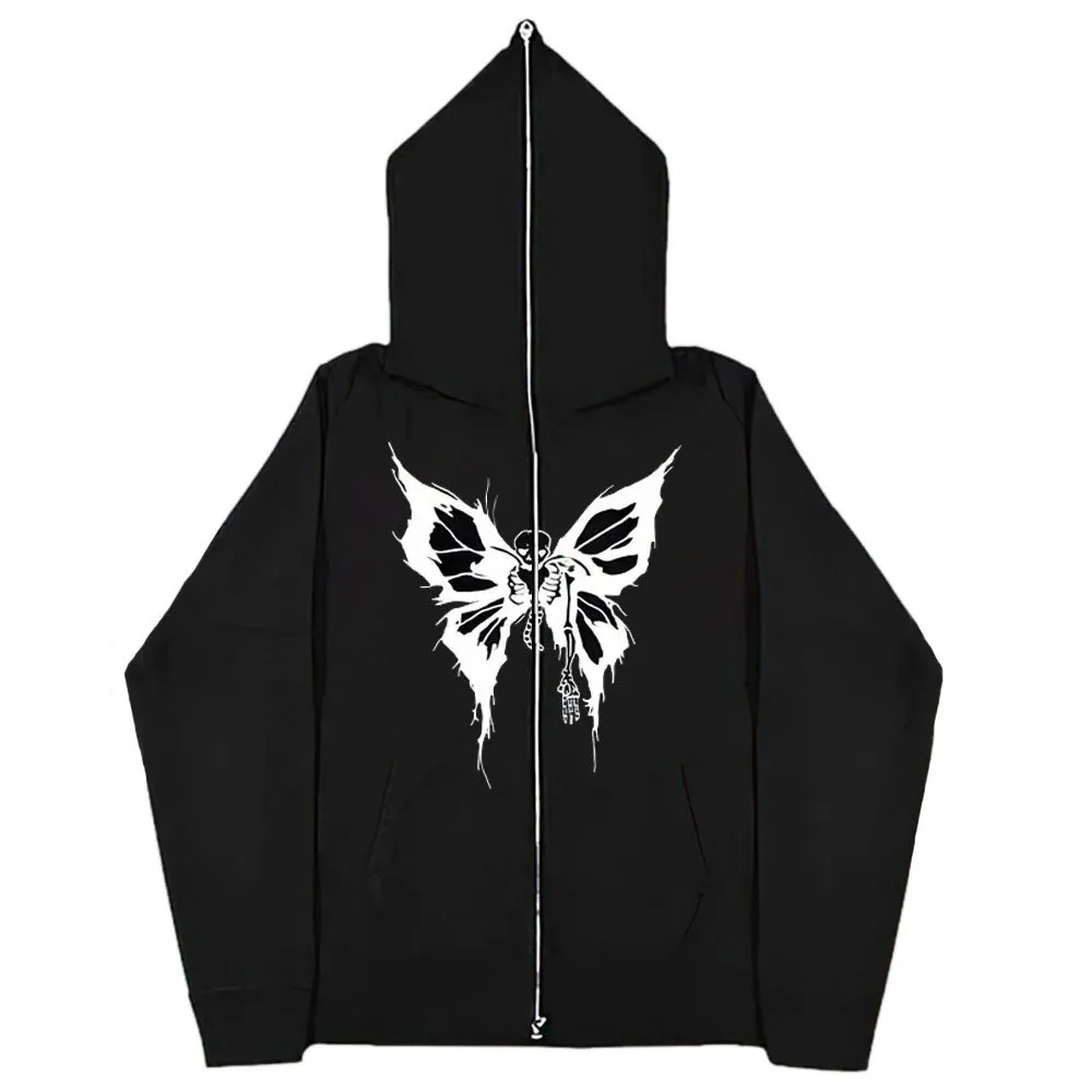 Men Casual Hooded Print Loose Zipper Long Sleeve Jacket