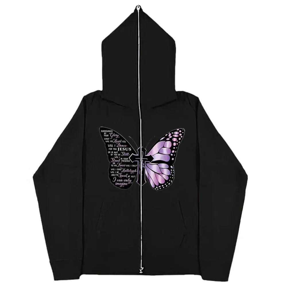 Men Casual Hooded Print Loose Zipper Long Sleeve Jacket