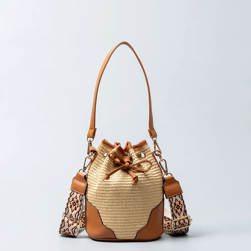 Women Bohemian Grass Woven Wide-Brimmed Jacquard Strap Drawstring Shoulder Bag