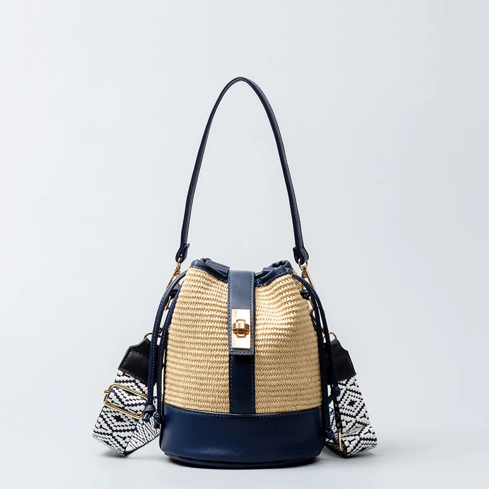 Women Bohemian Grass Woven Wide-Brimmed Jacquard Strap Drawstring Shoulder Bag