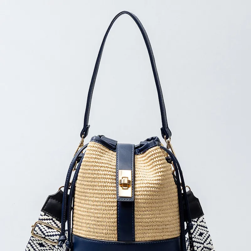 Women Bohemian Grass Woven Wide-Brimmed Jacquard Strap Drawstring Shoulder Bag