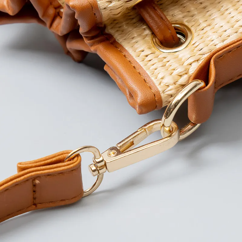 Women Bohemian Grass Woven Wide-Brimmed Jacquard Strap Drawstring Shoulder Bag