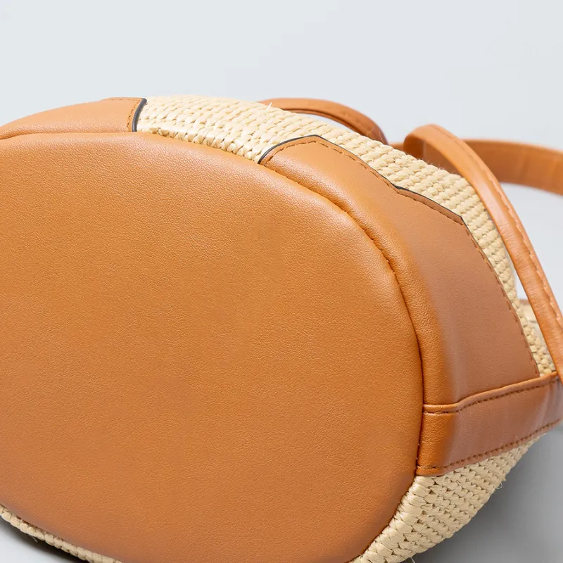 Women Bohemian Grass Woven Wide-Brimmed Jacquard Strap Drawstring Shoulder Bag